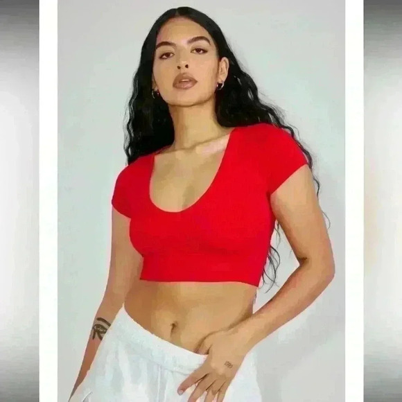 Garage red ribbed cropped tee shirt size large - Picture 1 of 7